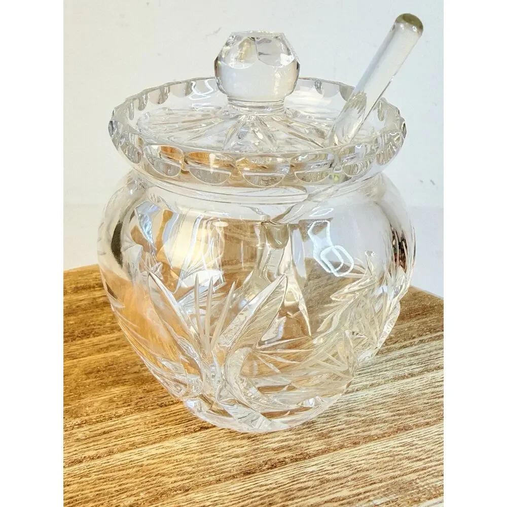 Vtg Cut Crystal Jam, Honey Jar W/ Glass Spoon Scalloped Lid